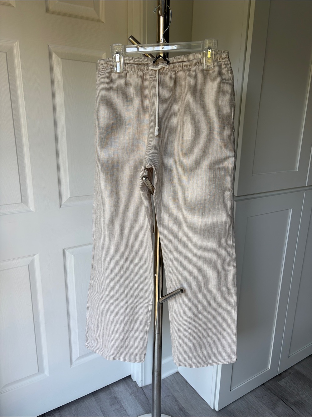 Brandy Melville Cream and Beige Stripes Drawstring Linen Pants, Waist 15 inches.